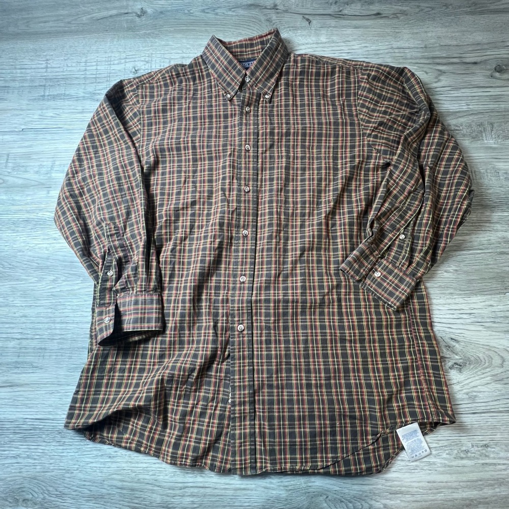 Lands End Button Down Mens 16.5-32 Brown Plaid Long Sleeve Cotton Shirt L27